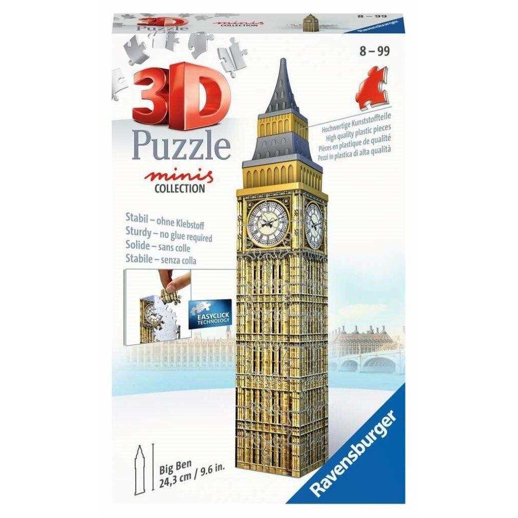 Confezione 3D Puzzle minis collection. Torre Big Ben, alta 24,3 cm. Logo Ravensburger. Testo: Stabile senza colla.