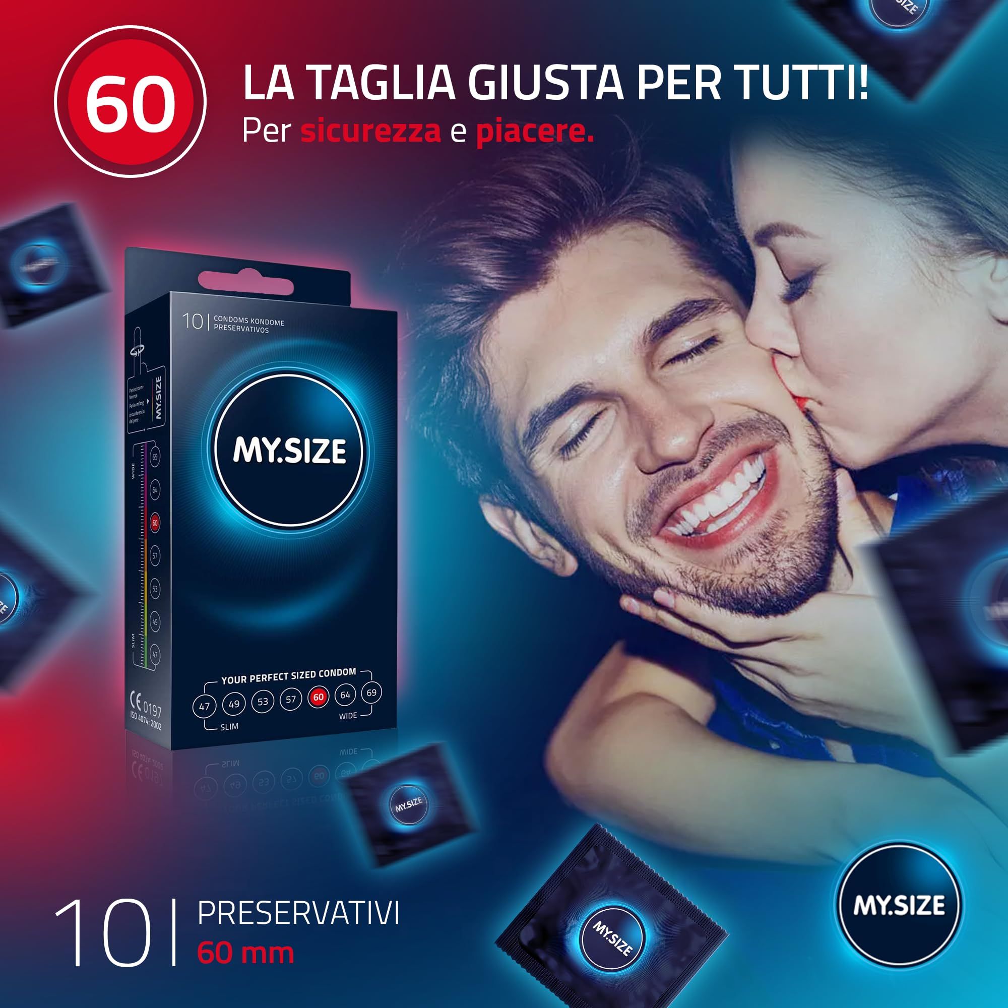 Confezione da 10 preservativi MY.SIZE 60. Mostra la guida alle taglie e il sigillo CE.