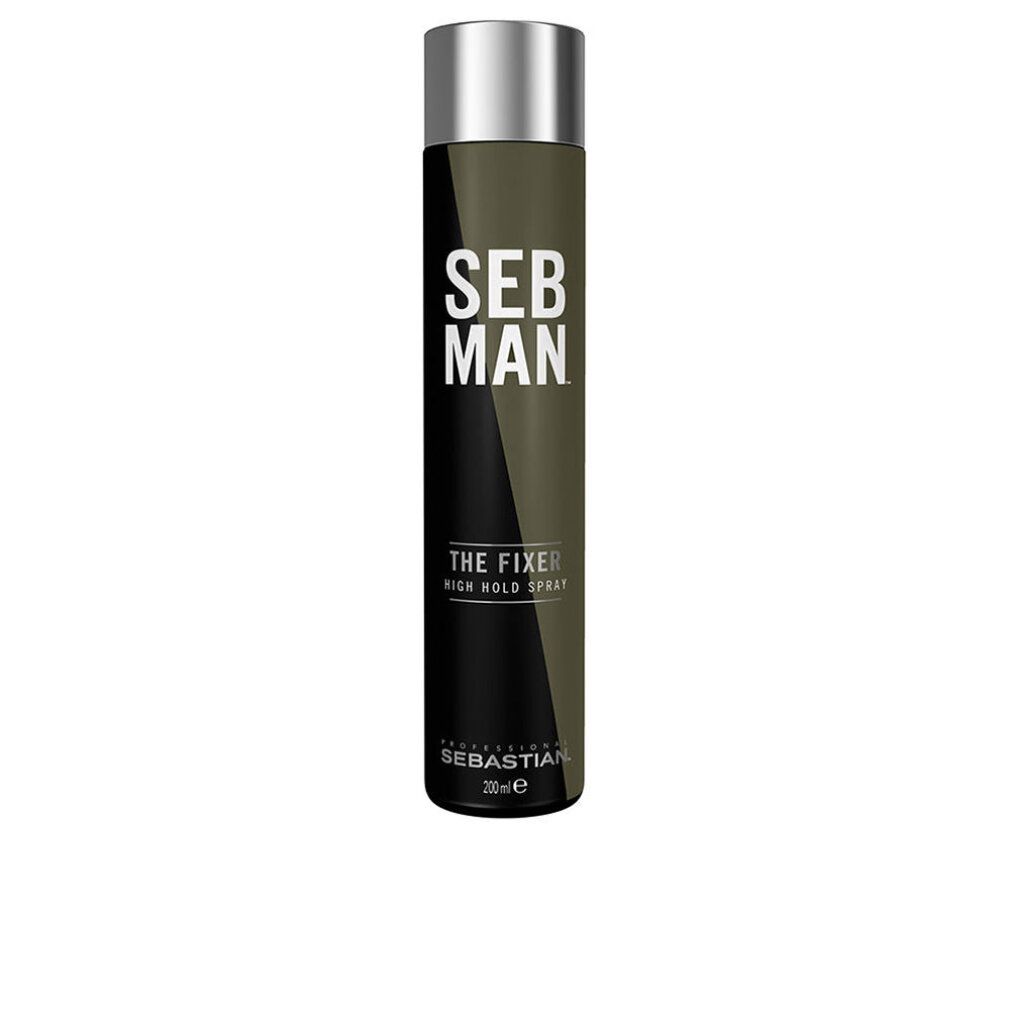 Flacone di lacca per capelli. Design nero-verde oliva con tappo argentato. Scritta: SEB MAN, THE FIXER, RICH HOLD SPRAY, SEBASTIAN PROFESSIONAL.
