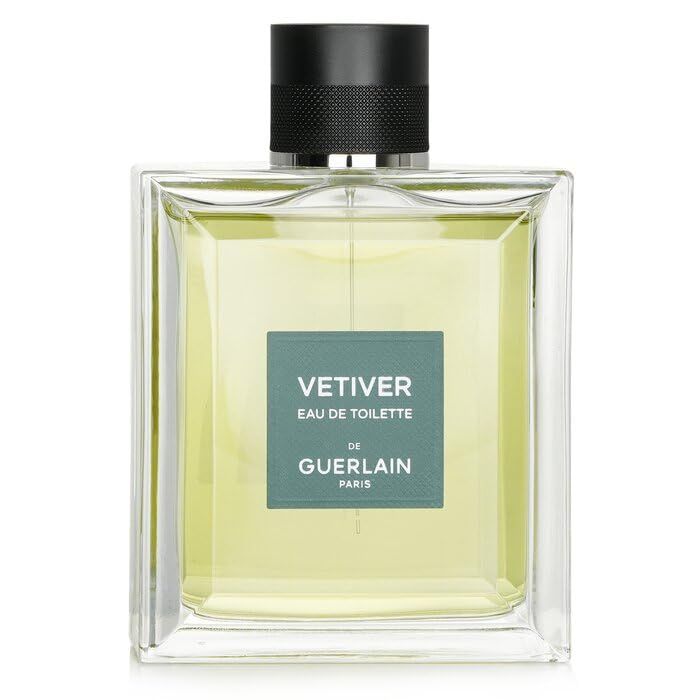 Flacone quadrato in vetro con tappo nero. Etichetta con testo: VETIVER, Eau de Toilette, de Guerlain, Paris.