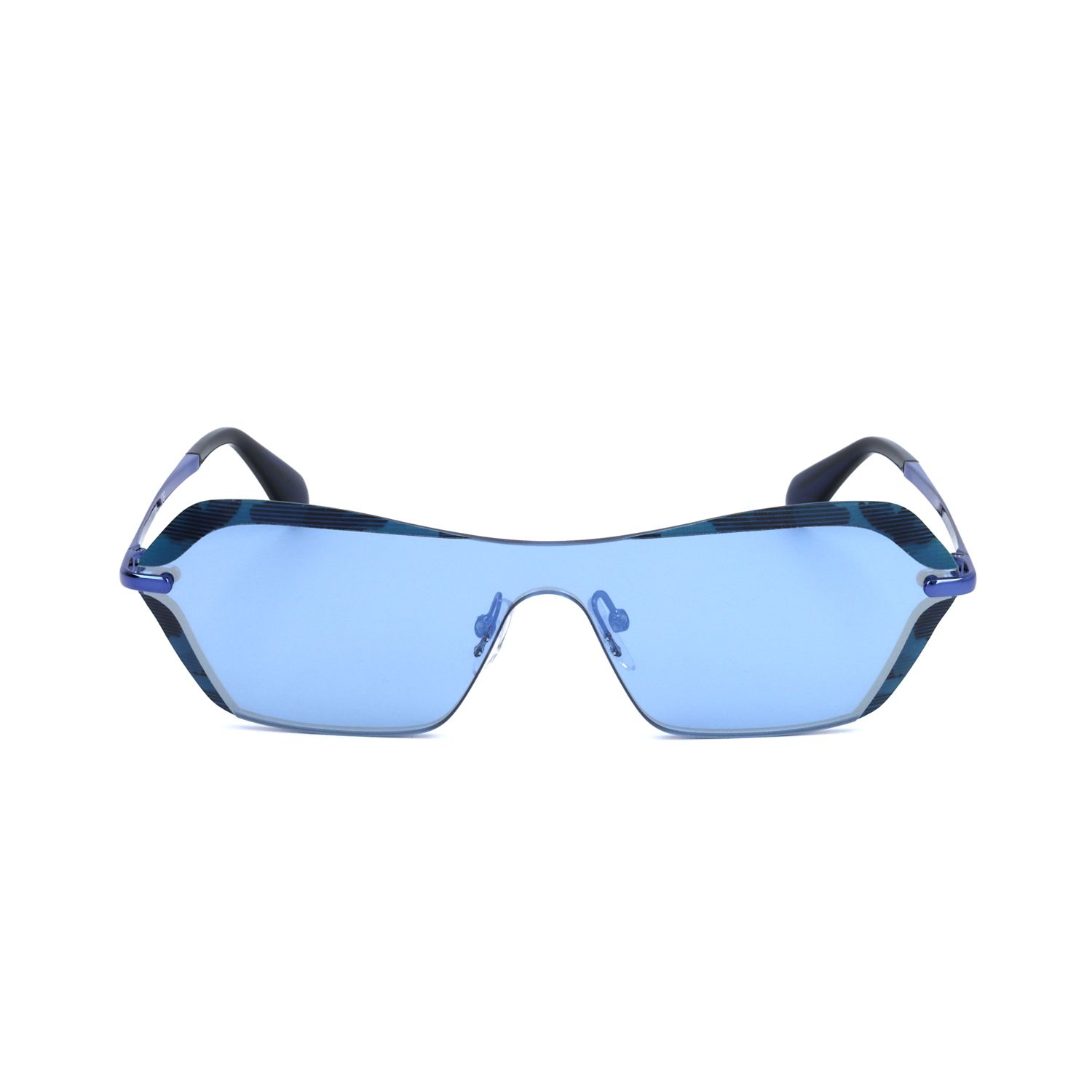 Occhiali da sole blu senza montatura con montatura geometrica e lenti blu.