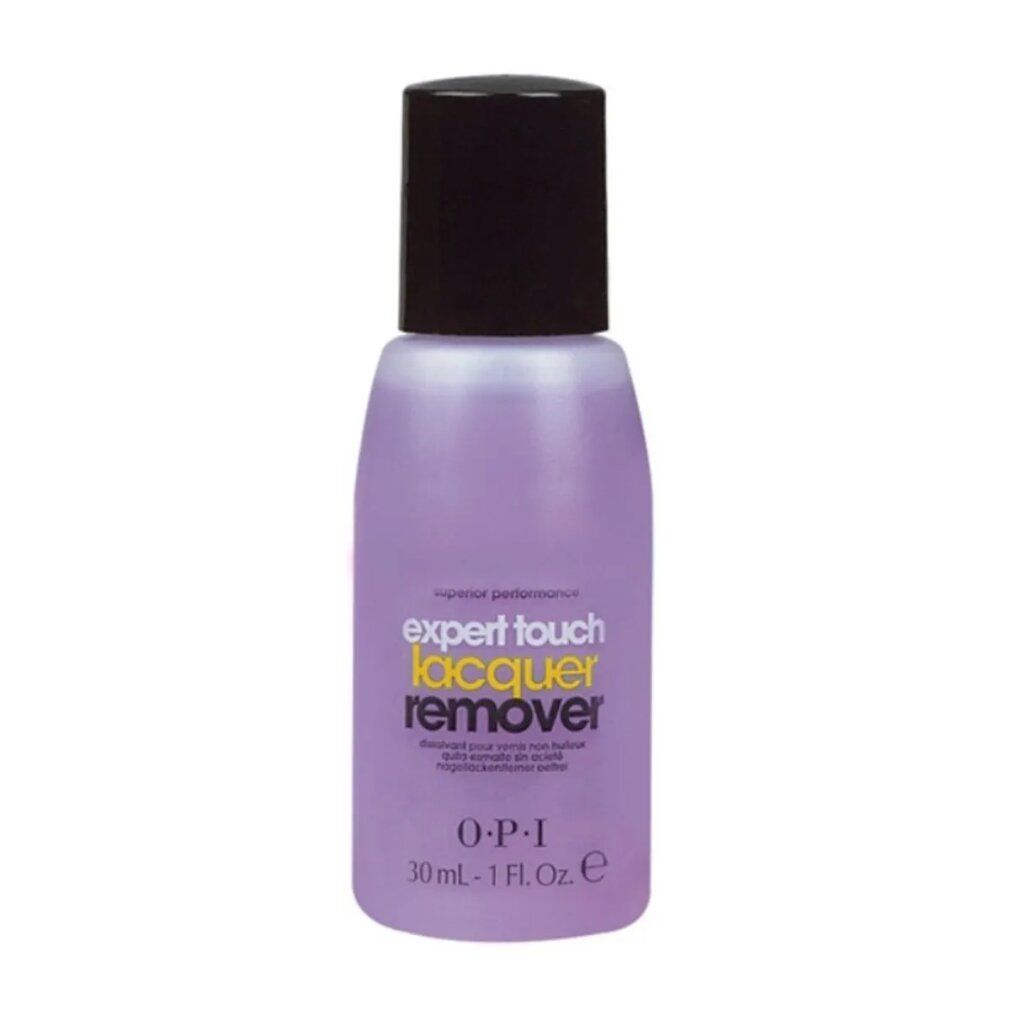 OPI Expert Touch solvente per unghie. Bottiglia piccola con tappo nero. Liquido viola. Etichetta del prodotto.