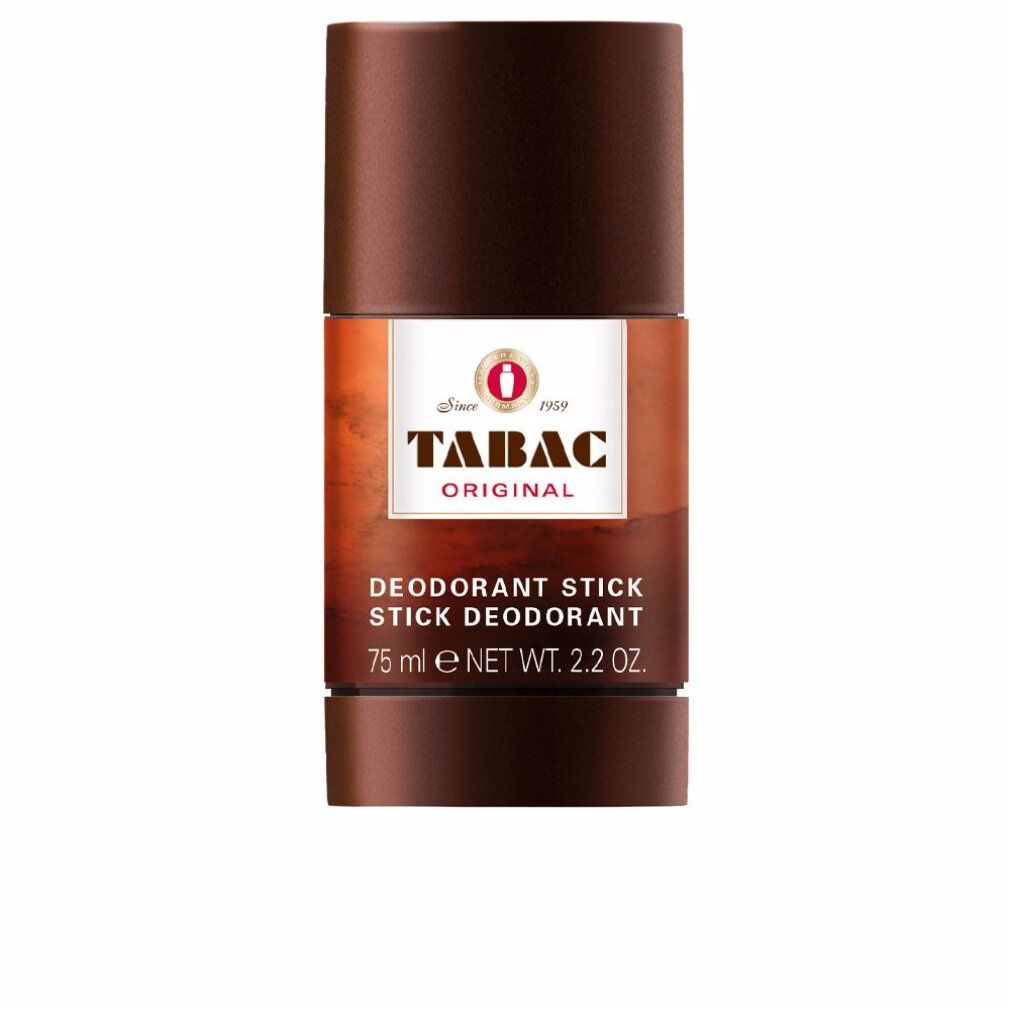 Stick deodorante marrone con etichetta bianca. Testo: TABAC ORIGINAL, Deodorant Stick, 75 ml.