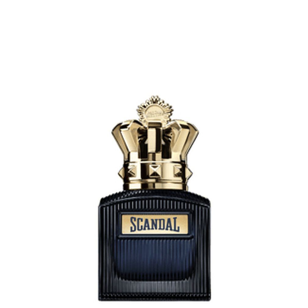 Flacone blu scuro con tappo a corona dorata. Scritta "SCANDAL" su scudo rettangolare.