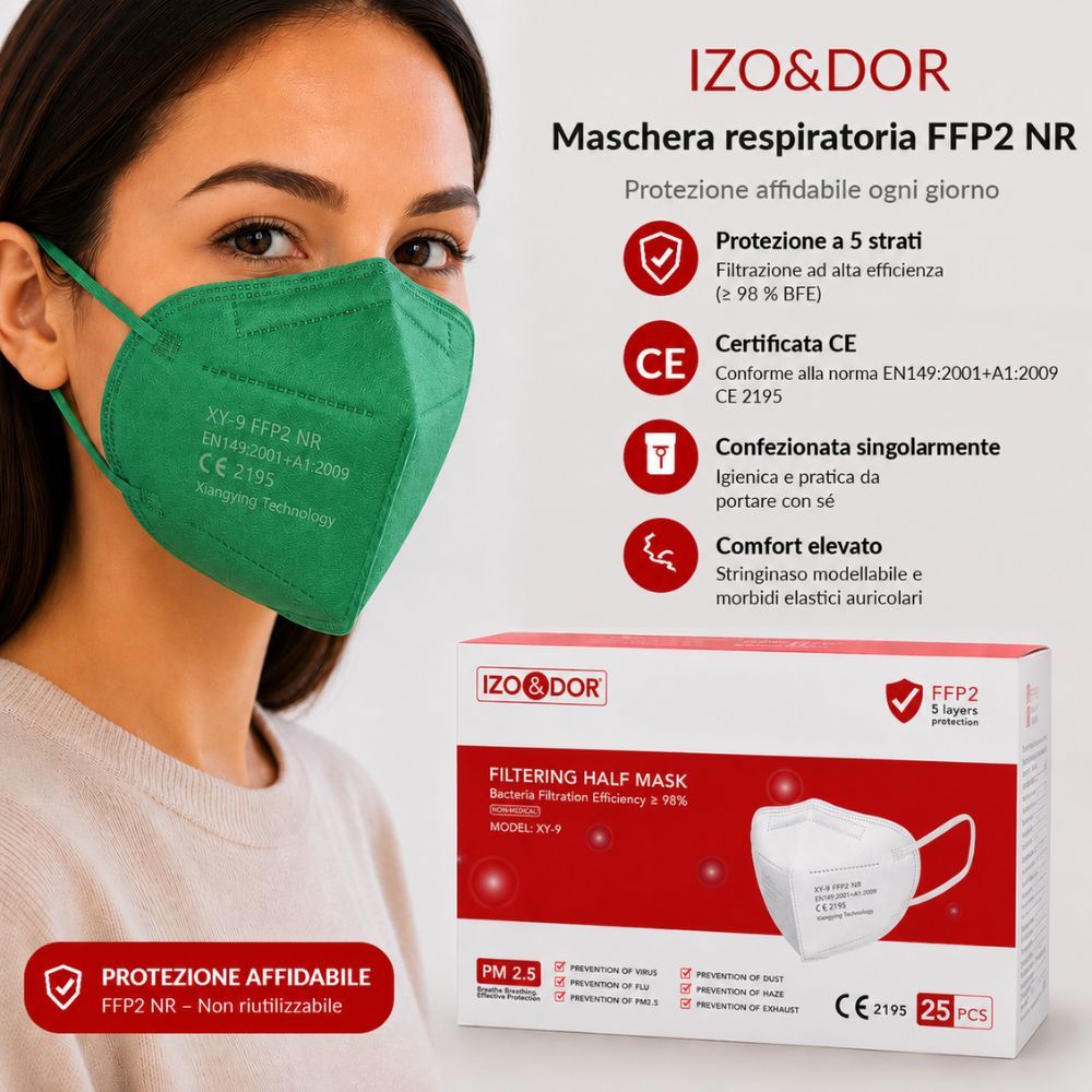 Donna con maschera FFP2 verde. Confezione accanto: protezione 5 strati, certificata CE, confezionata singolarmente.