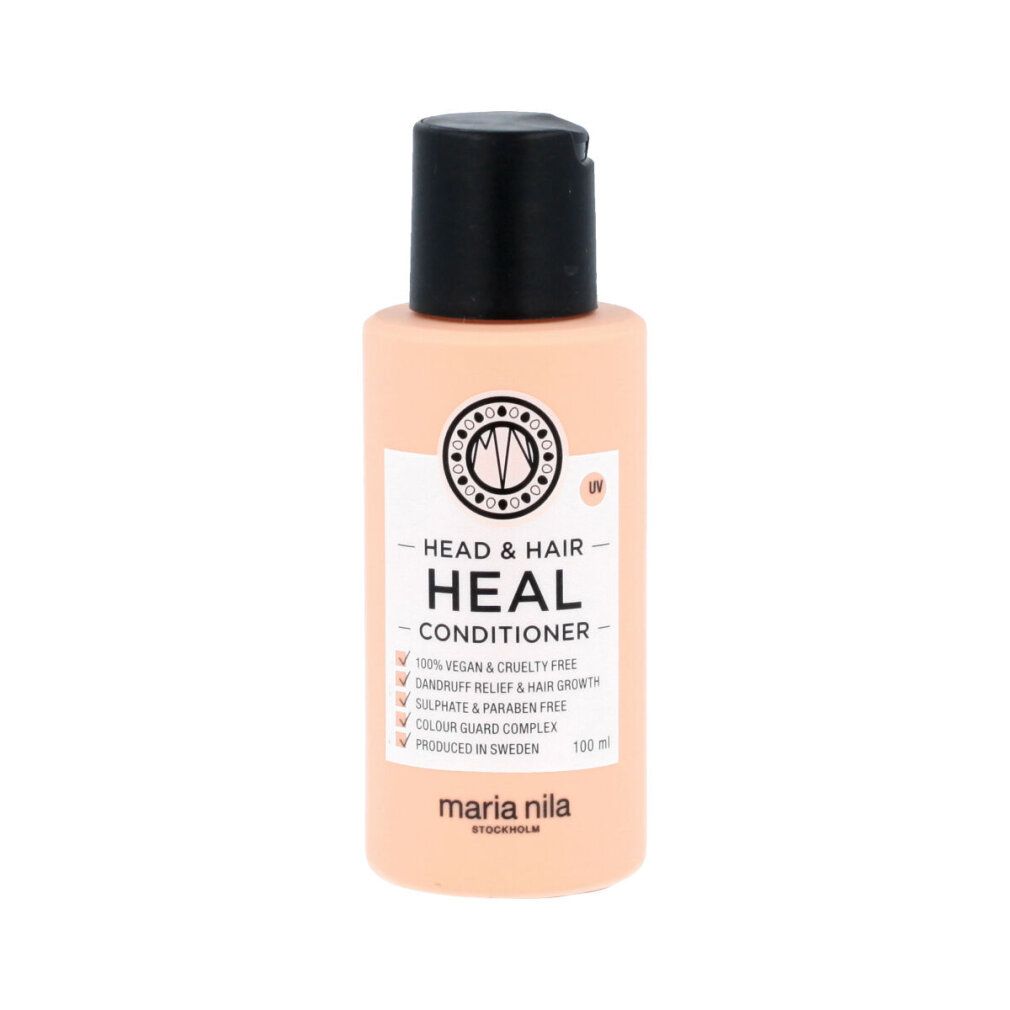 Flacone beige con tappo nero. Etichetta con testo: HEAD & HAIR HEAL CONDITIONER. Marchio: maria nila.