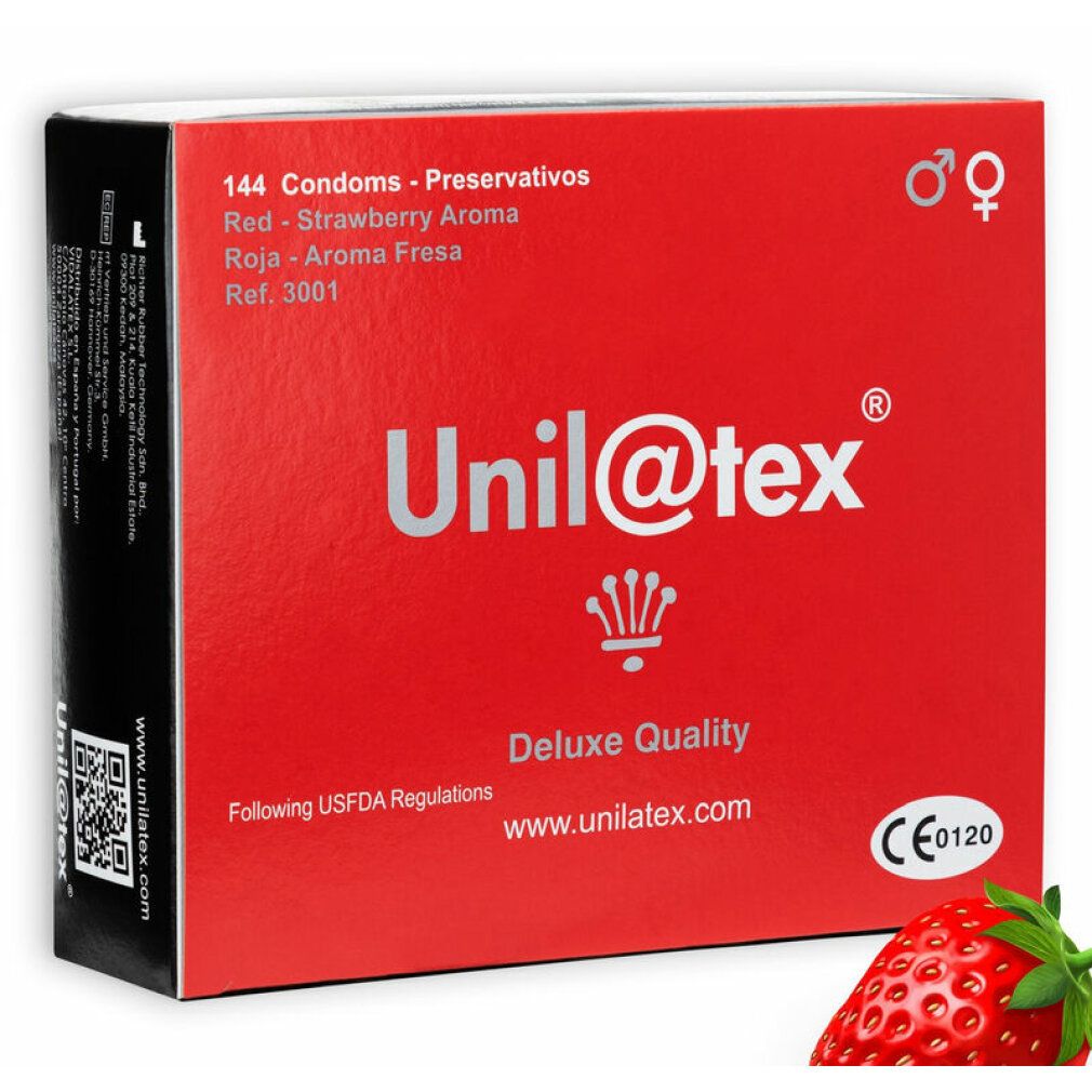 Confezione rossa Unil@tex, 144 preservativi, aroma fragola. Fragola accanto. CE.