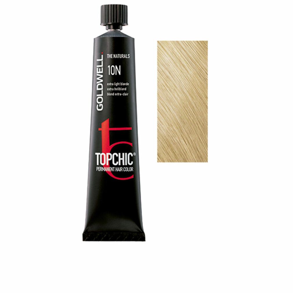 Tubo nero Goldwell Topchic 10N con scritta bianca. Accanto, campione di capelli biondo chiaro.