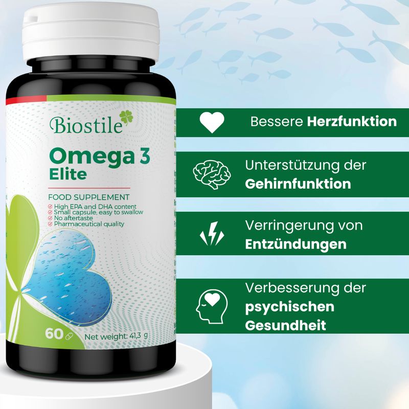 Biostile Omega 3 Elite. Bottiglia con 60 capsule. Testo: Integratore alimentare. Benefici: funzione cardiaca, cerebrale, infiammazioni, salute.