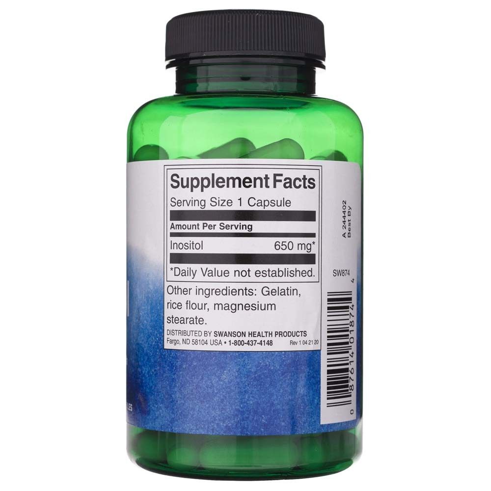 Flacone verde di capsule con etichetta "Supplement Facts" che indica 650 mg di inositolo per capsula.