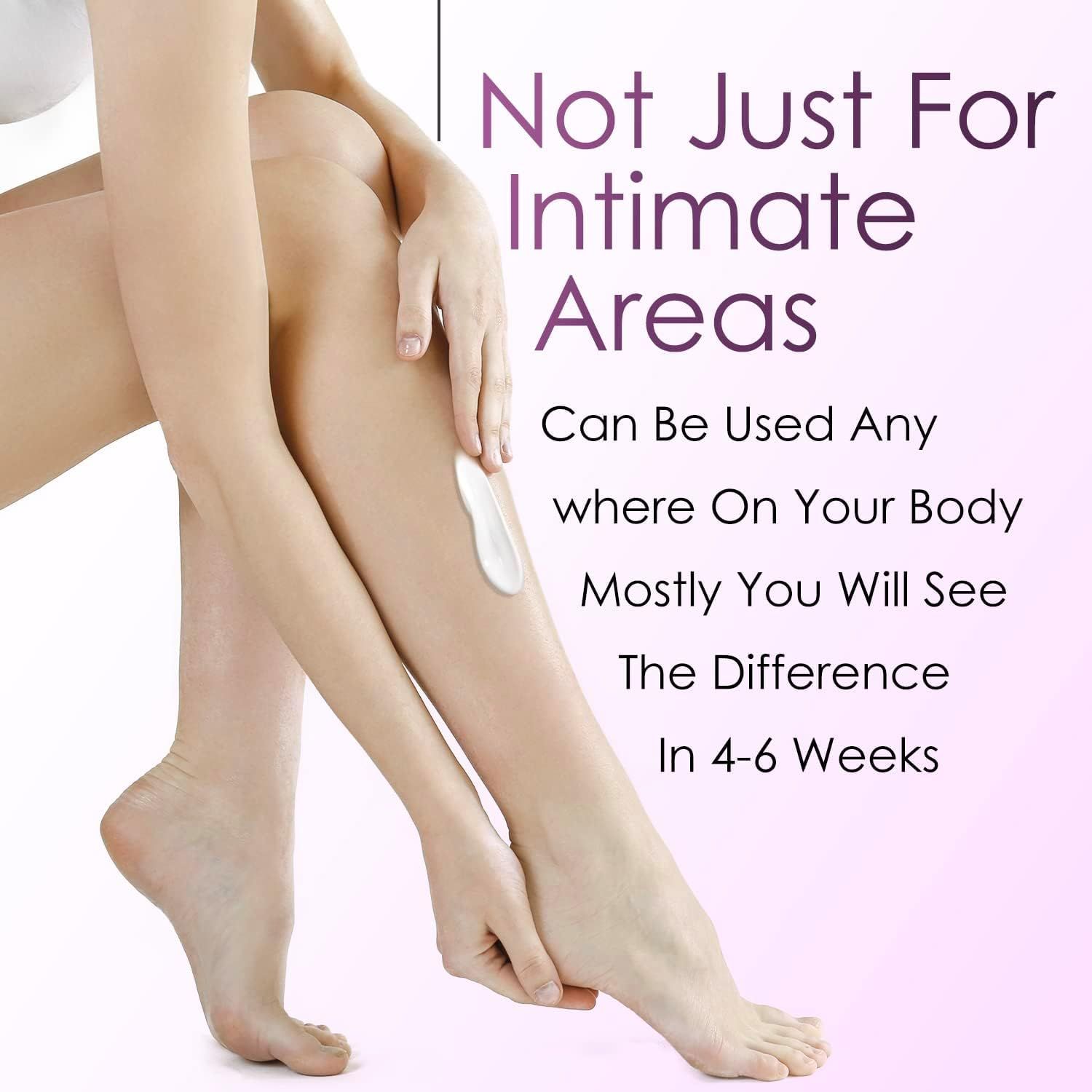 Donna applica crema sulla gamba. Testo: Can Be Used Any where On Your Body. Differenza in 4-6 settimane.