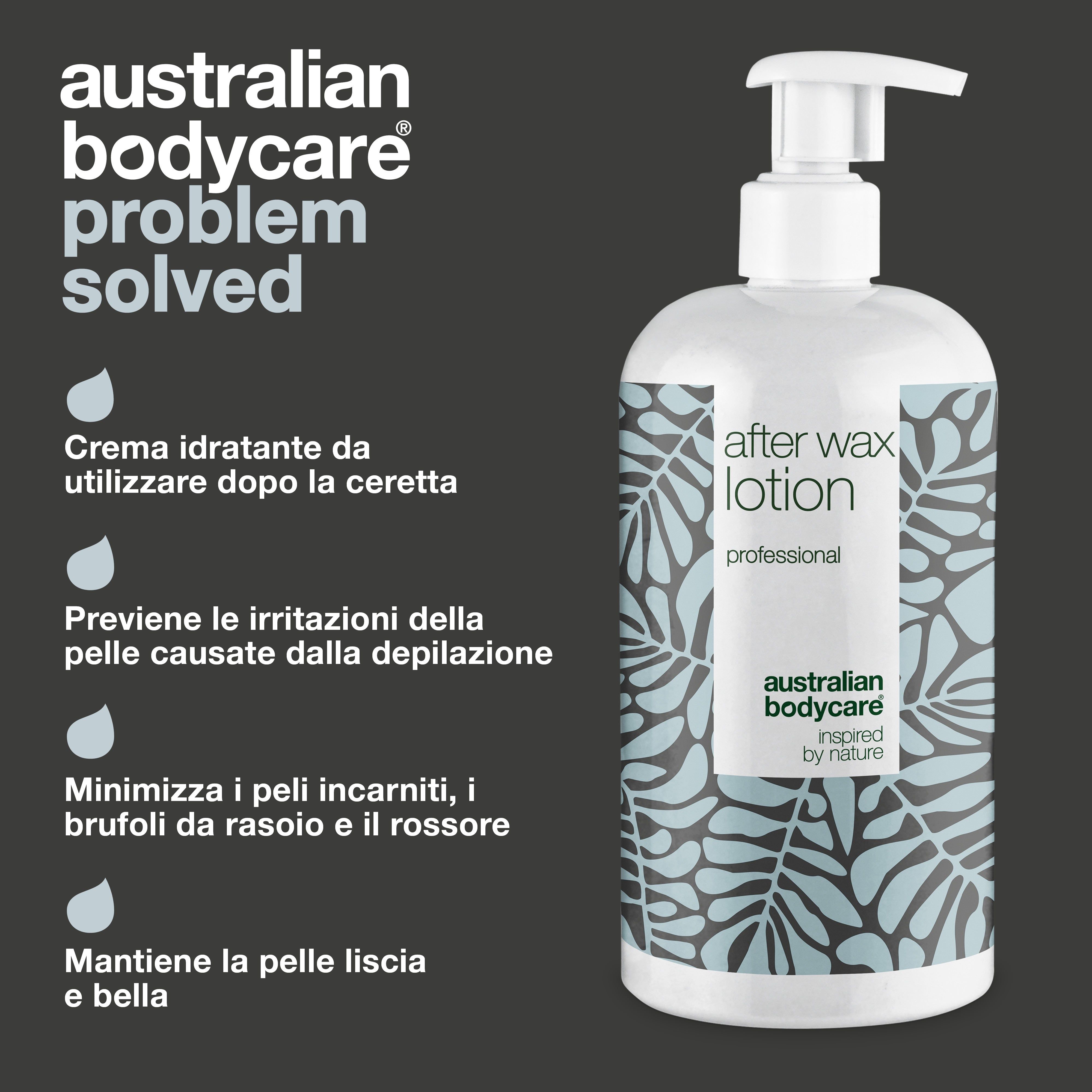 Flacone After Wax Lotion con testo. Testo: Crema dopo la ceretta, previene le irritazioni cutanee, minimizza i peli incarniti.