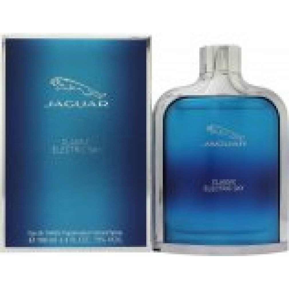 Flacone blu e scatola. Scritta: JAGUAR, CLASSIC ELECTRIC SKY. Logo: giaguaro che salta. Scatola con testo.