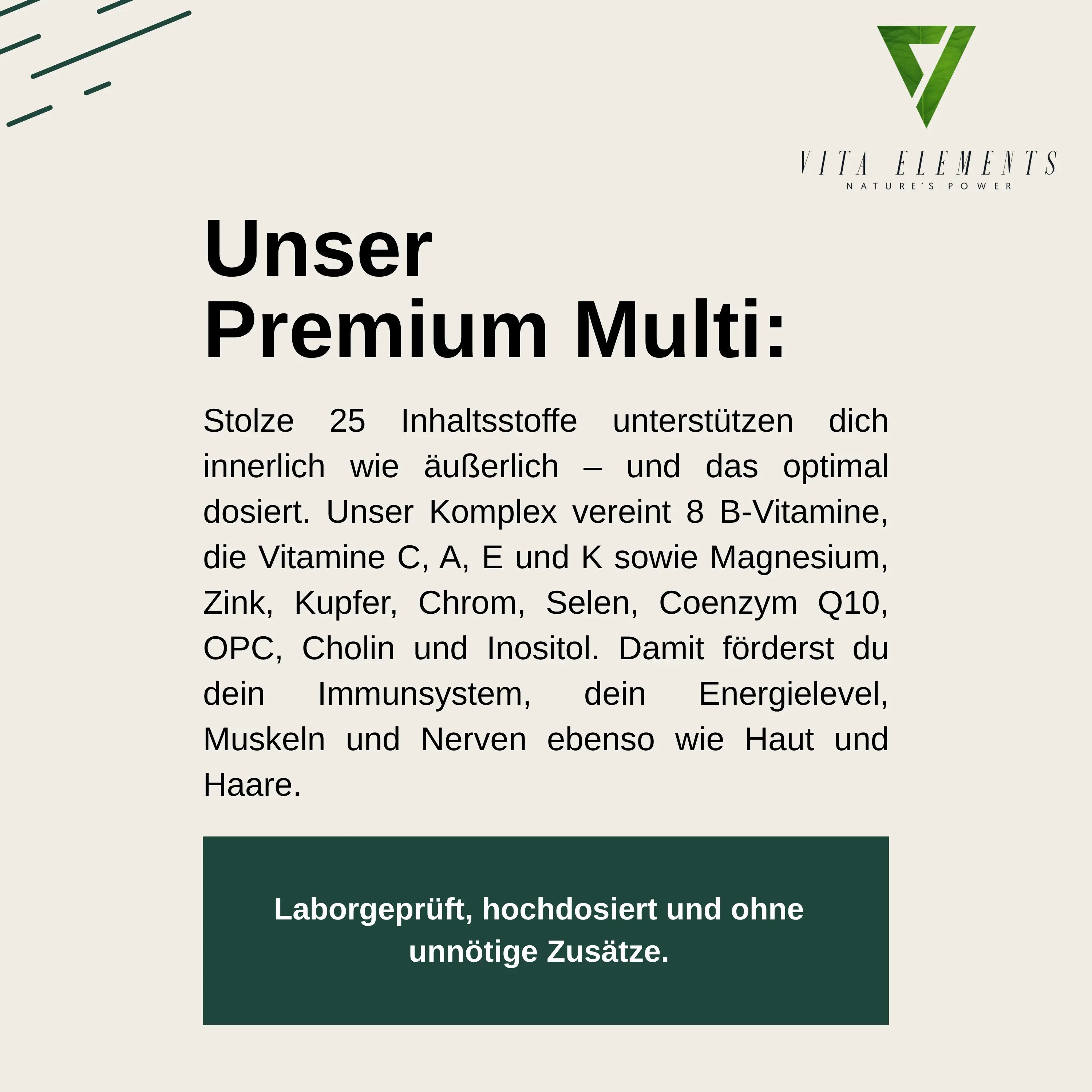 Flacone di capsule multivitaminiche Vita Elements Premium, 180 capsule, con sigillo "Testato in laboratorio".