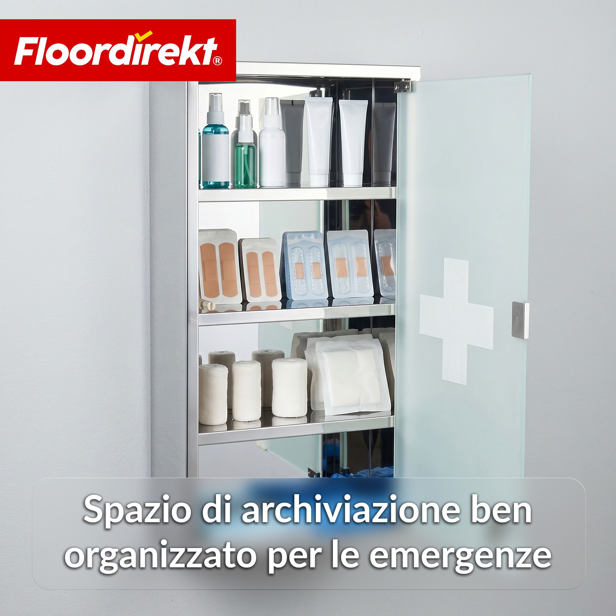 KARAT Armadietto medicinali Allen con anta in vetro argento 60 x 30 cm 4 scomparti