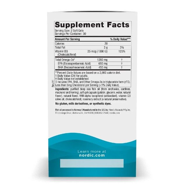 Retro della confezione Nordic Naturals Ultimate Omega-D3 con informazioni nutrizionali e ingredienti.