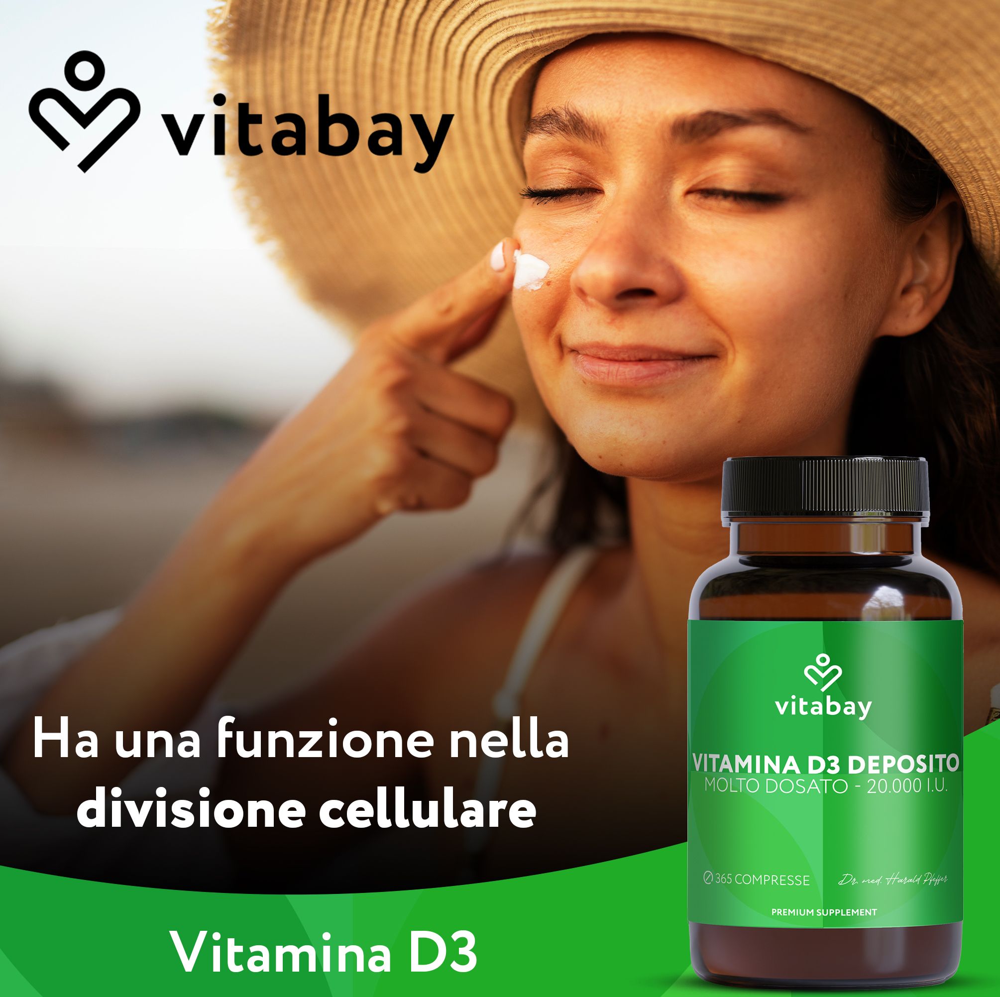 Donna sulla spiaggia. Flacone Vitabay Vitamina D3 Depot. Testo: Ha una funzione nella divisione cellulare.