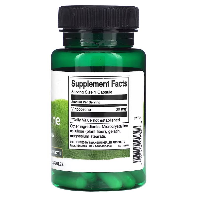 Retro del flacone verde SWANSON Vinpocetina 30 mg. Etichetta con informazioni nutrizionali e ingredienti.