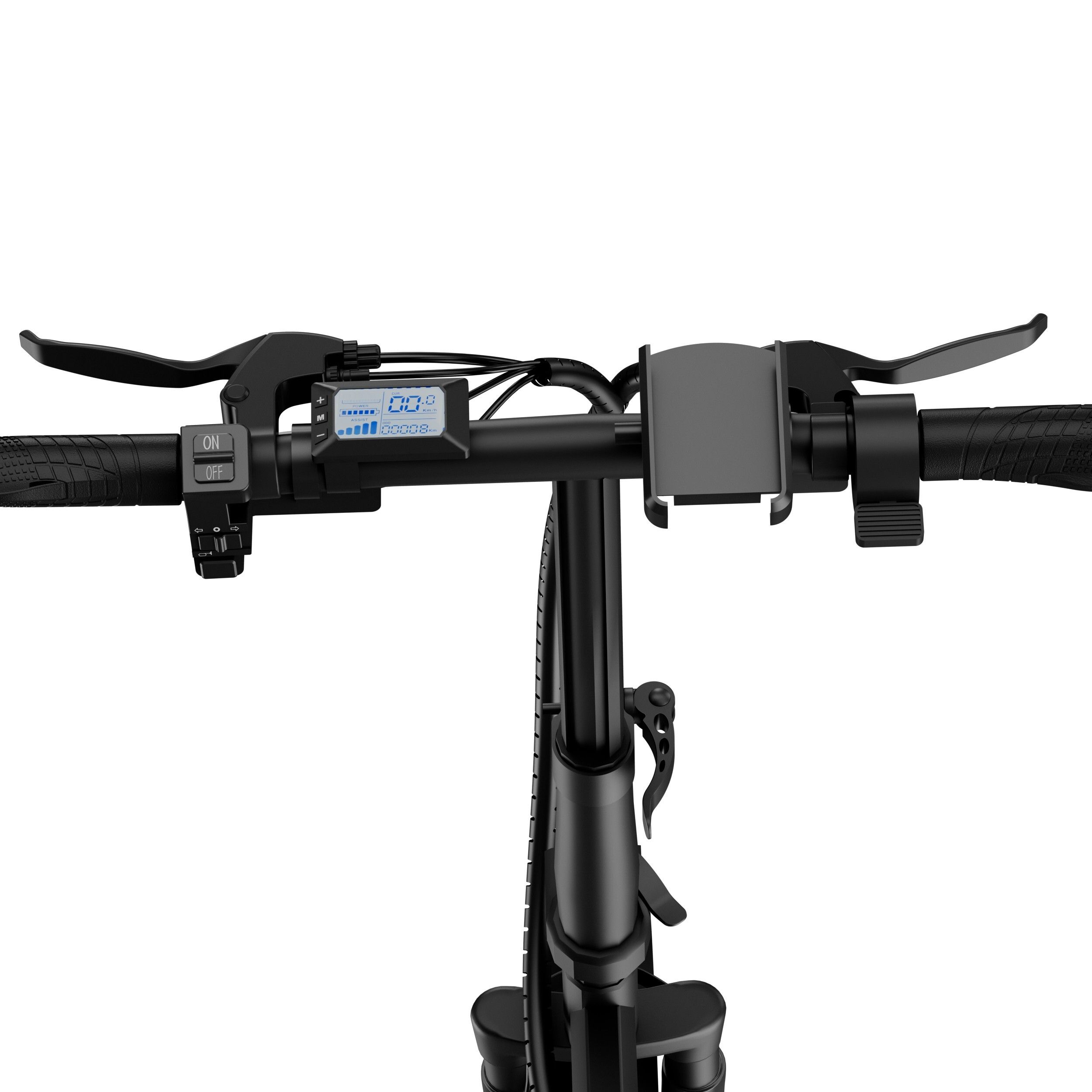 Primo piano del manubrio di e-bike nera. Display, leve freno, manopole visibili. Marchio: Ruitoo.