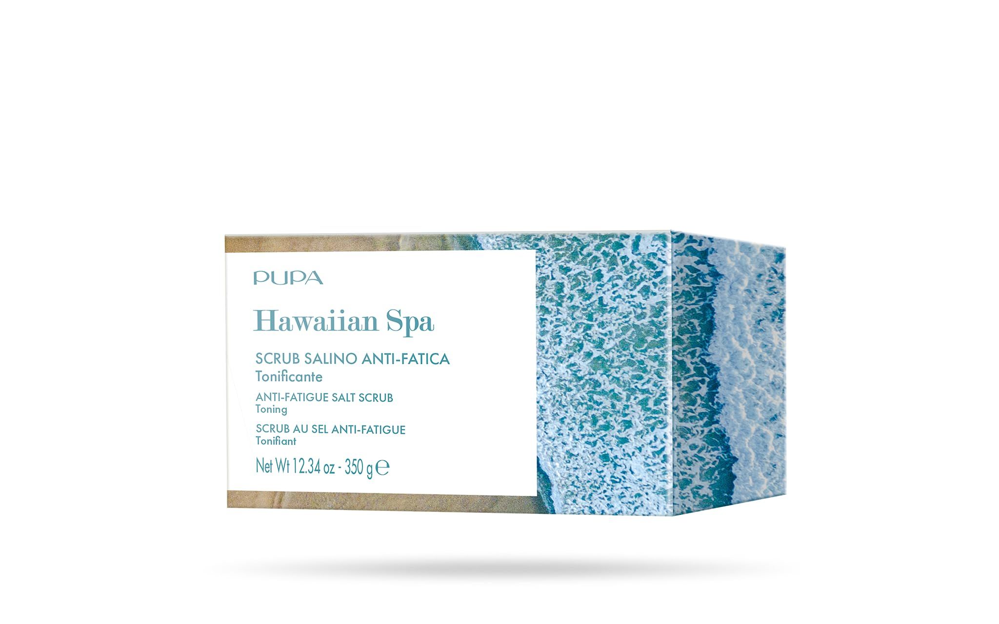 Confezione in cartone con motivo a onde. Scritta: Pupa Hawaiian Spa, Scrub Salino Anti-Fatica, Anti-Fatigue Salt Scrub, Scrub au sel anti-fatigue. Peso netto.