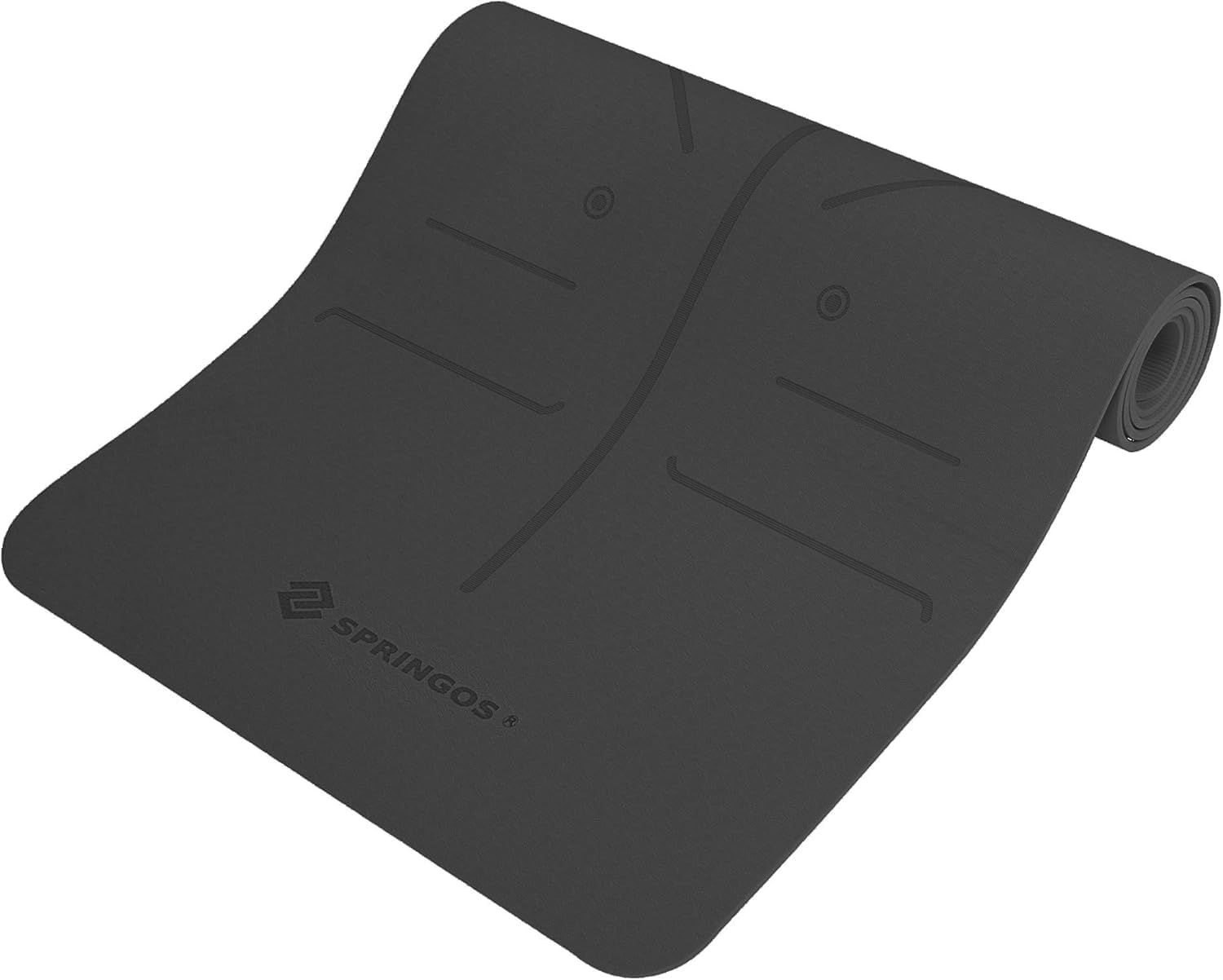 Tappetino yoga nero con segni. Il logo Springos è visibile.