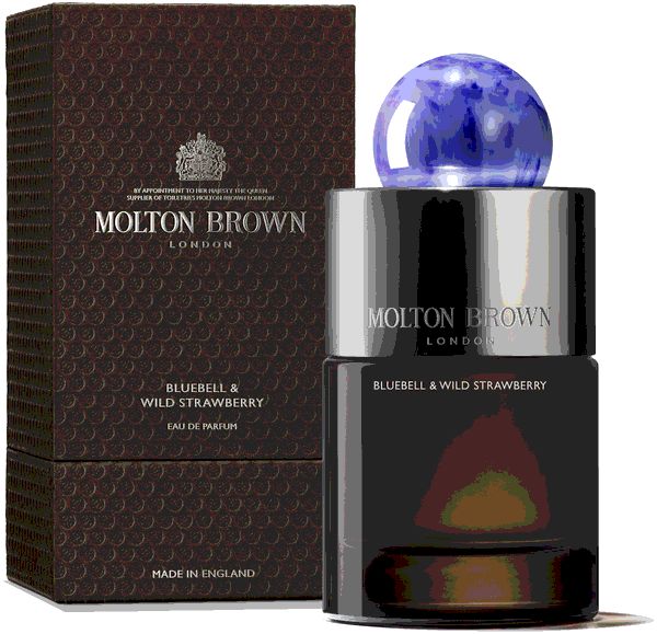 Flacone nero con tappo blu e scatola marrone. Scritta: Molton Brown London, Bluebell & Wild Strawberry, Eau de Parfum. Made in England.