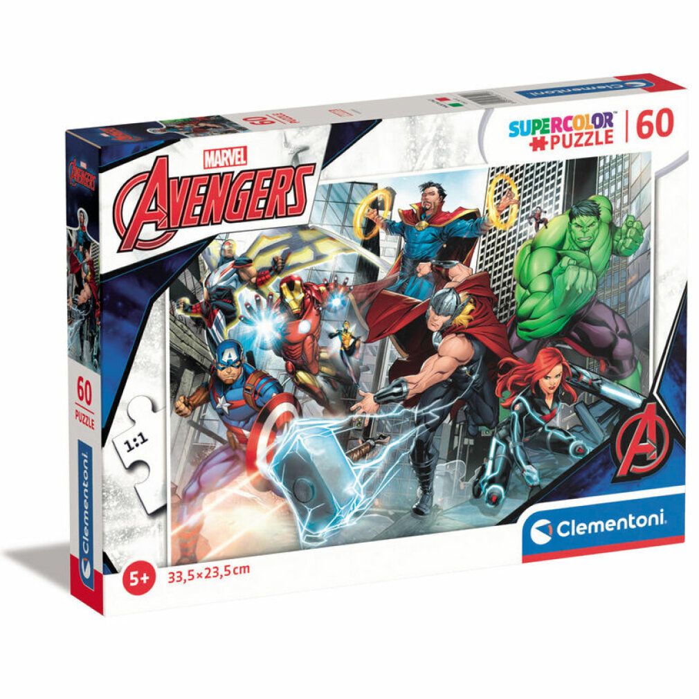 Puzzle Clementoni Avengers, 60 pezzi. Confezione con personaggi Avengers. Contiene 60 pezzi. Per bambini dai 5 anni in su. Dimensioni: 33,5 x 23,5 cm.