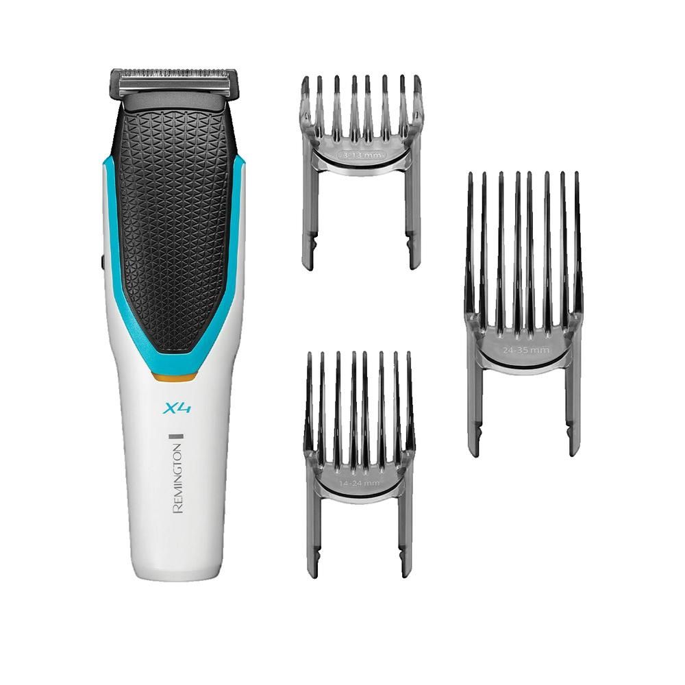 Tagliacapelli con tre pettini. Bianco, nero e turchese. Remington X4.