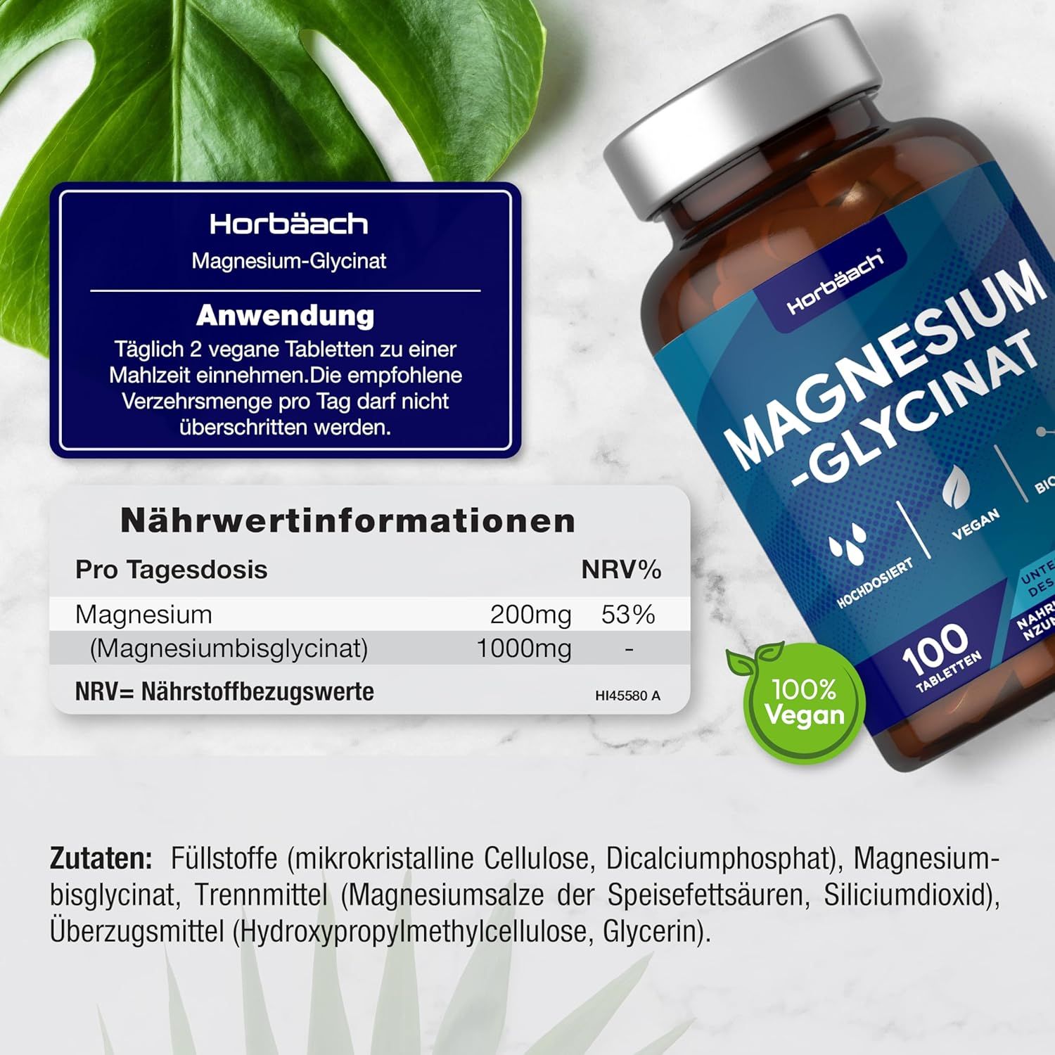 Flacone marrone con etichetta blu. Magnesium-Glycinat, 100 compresse. Vegano. Testo con uso e informazioni nutrizionali.