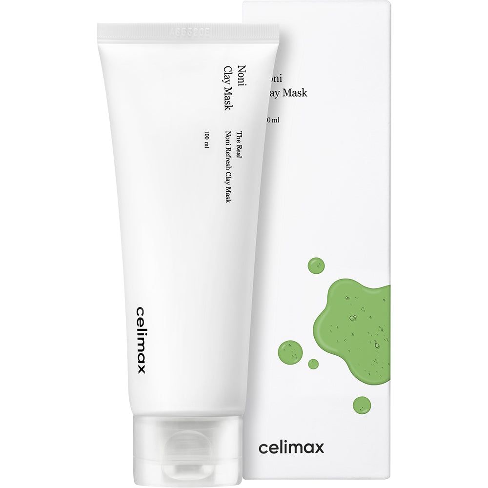 Tubo CELIMAX "The Real Noni Refresh Clay Mask" accanto alla confezione del prodotto.