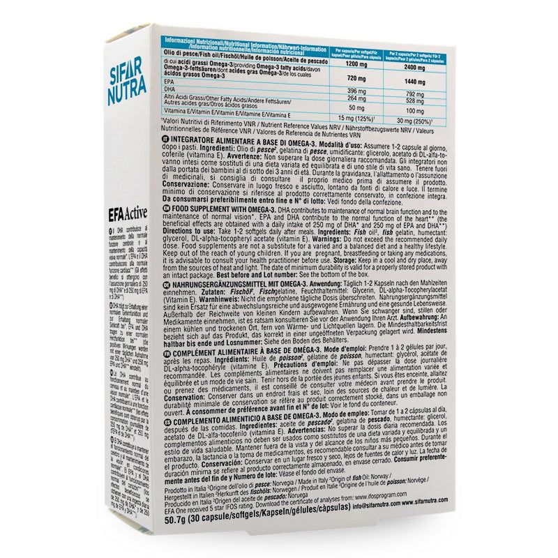 Retro della confezione del prodotto EFA Active. Testo in più lingue. Ingredienti, informazioni nutrizionali, istruzioni per l'uso, avvertenze.