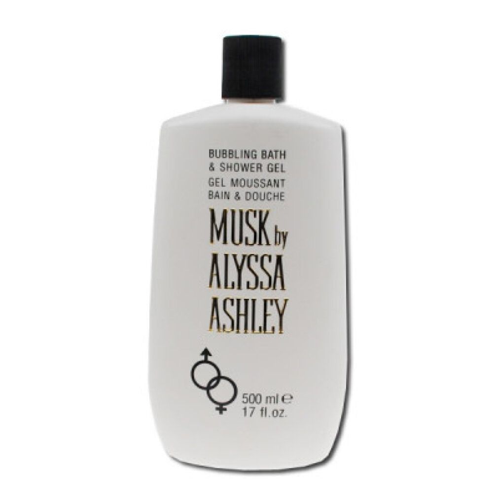 Flacone bianco con tappo nero, contenente bagnoschiuma e docciaschiuma Musk di Alyssa Ashley.