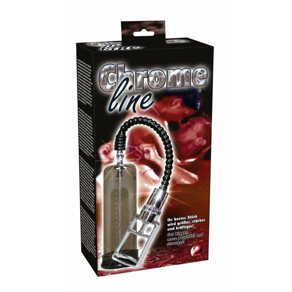 Confezione della pompa per pene « Chrome Line ». Scatola nera con immagine del prodotto e scritta. Prodotto visibile all'interno.