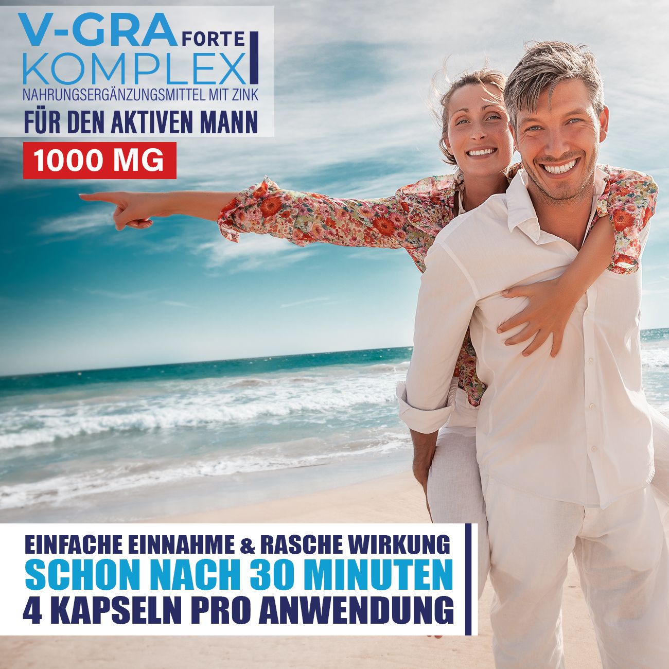 Flacone del prodotto con coppia sulla spiaggia. Testo: V-GRA Forte Komplex, 1000 mg. Testo aggiuntivo: Assunzione facile e effetto rapido, dopo 30 minuti, 4 capsule.