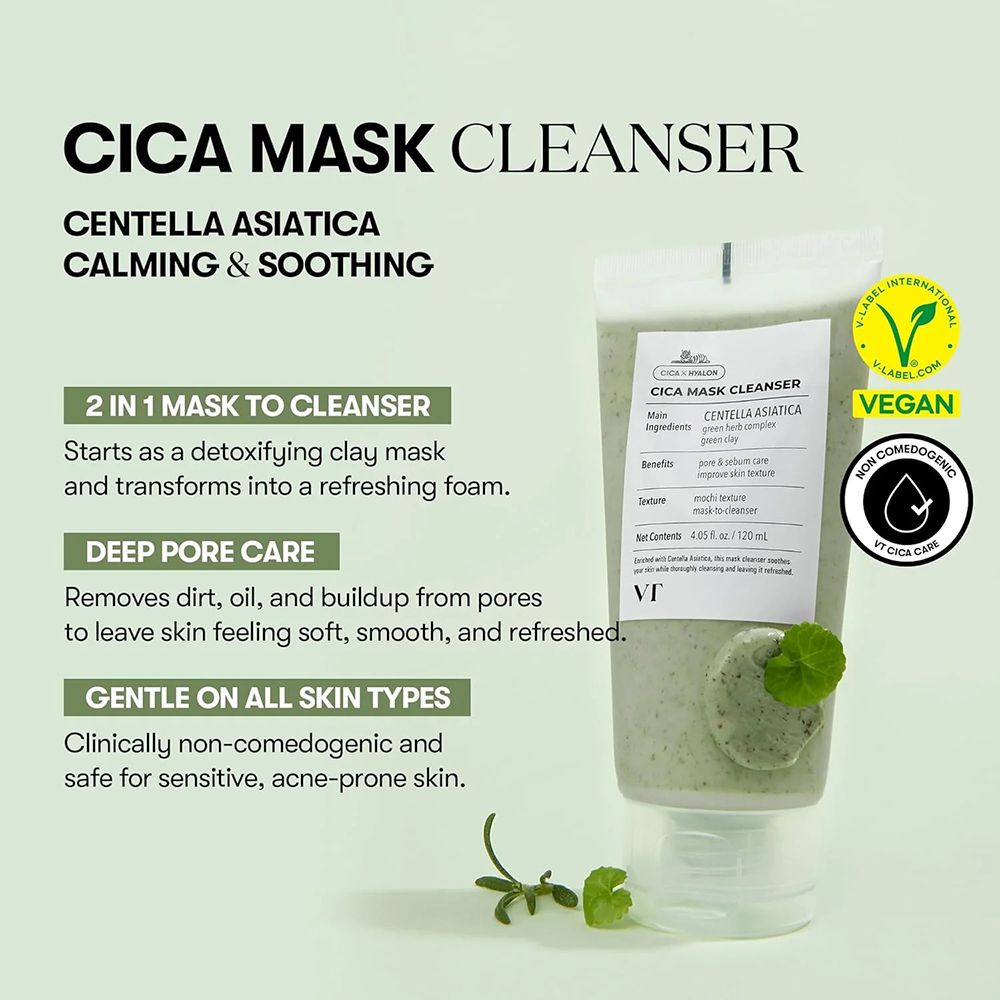 VT COSMETICS Cica Mask Cleanser 2 in 1. Tubo bianco con contenuto verde. Sigillo vegano e informazioni sull'uso.