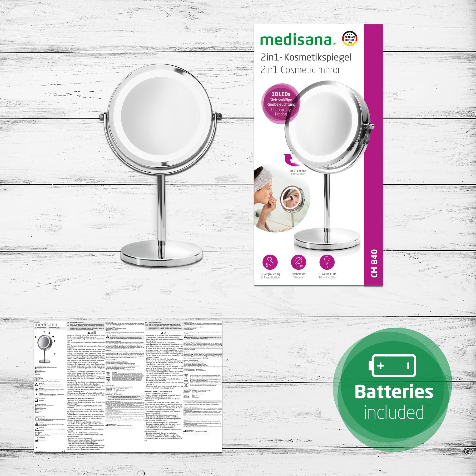 Confezione dello specchio cosmetico con illuminazione a LED. Contiene specchio, manuale e batterie.