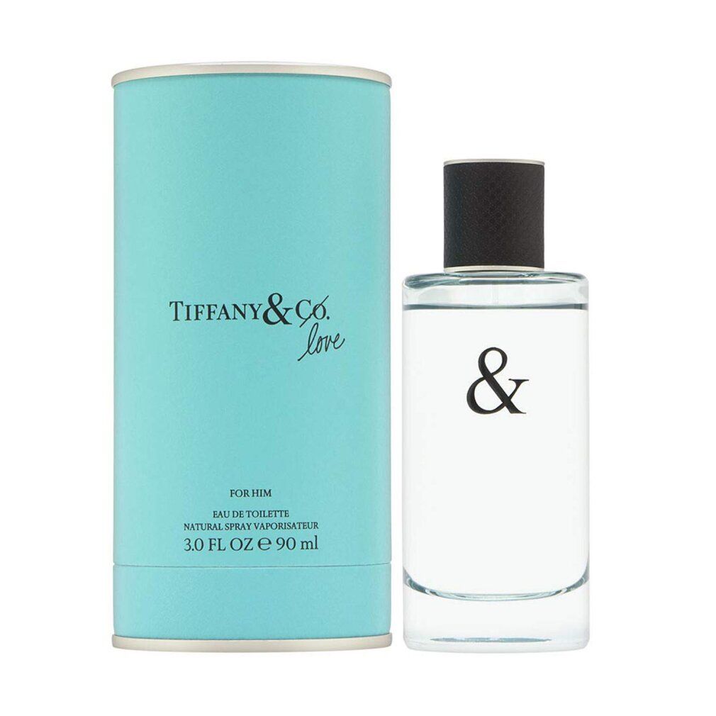 Flacone rettangolare e confezione cilindrica turchese. Scritta: Tiffany & Co. Love, For Him, 3.0 FL OZ e 90 ml, &.