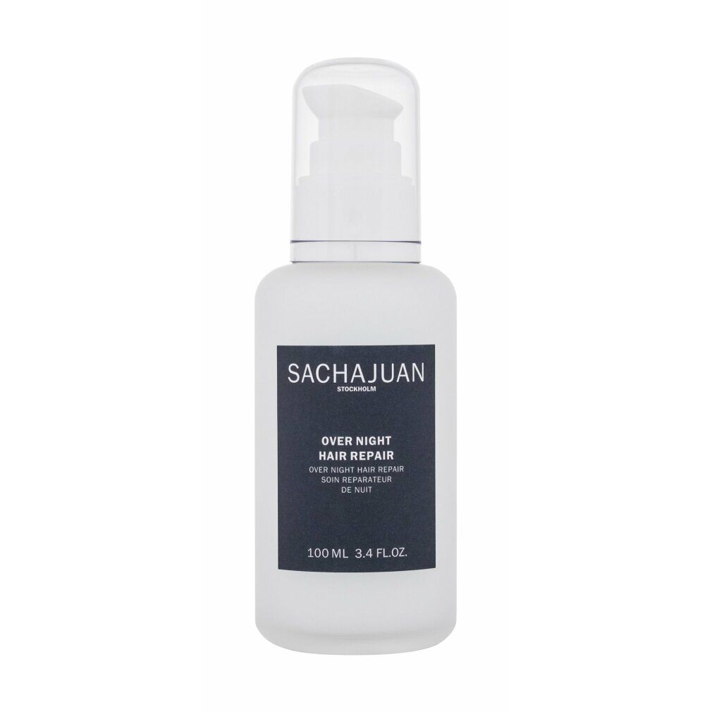 Flacone bianco con etichetta nera. Scritta: SACHAJUAN, OVER NIGHT HAIR REPAIR, PROFESSIONAL HAIRCARE. Con erogatore a pompa.