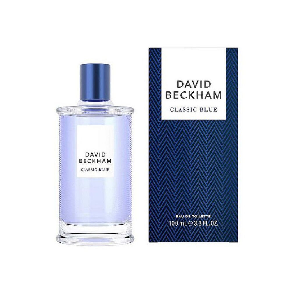 Flacone in vetro e scatola. Flacone con tappo blu, testo: DAVID BECKHAM CLASSIC BLUE. Scatola: DAVID BECKHAM CLASSIC BLUE.