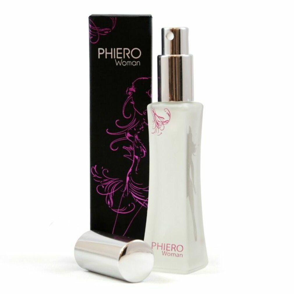 Flacone di profumo Phiro Woman con spruzzatore argentato e tappo argentato. Scatola nera con illustrazione di donna viola.