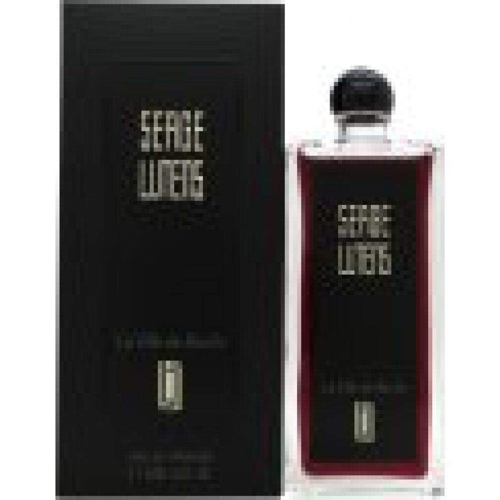 Scatola e flacone neri. Scritta: Serge Lutens, La Fille de Berlin. Bottiglia rettangolare con liquido rosso.