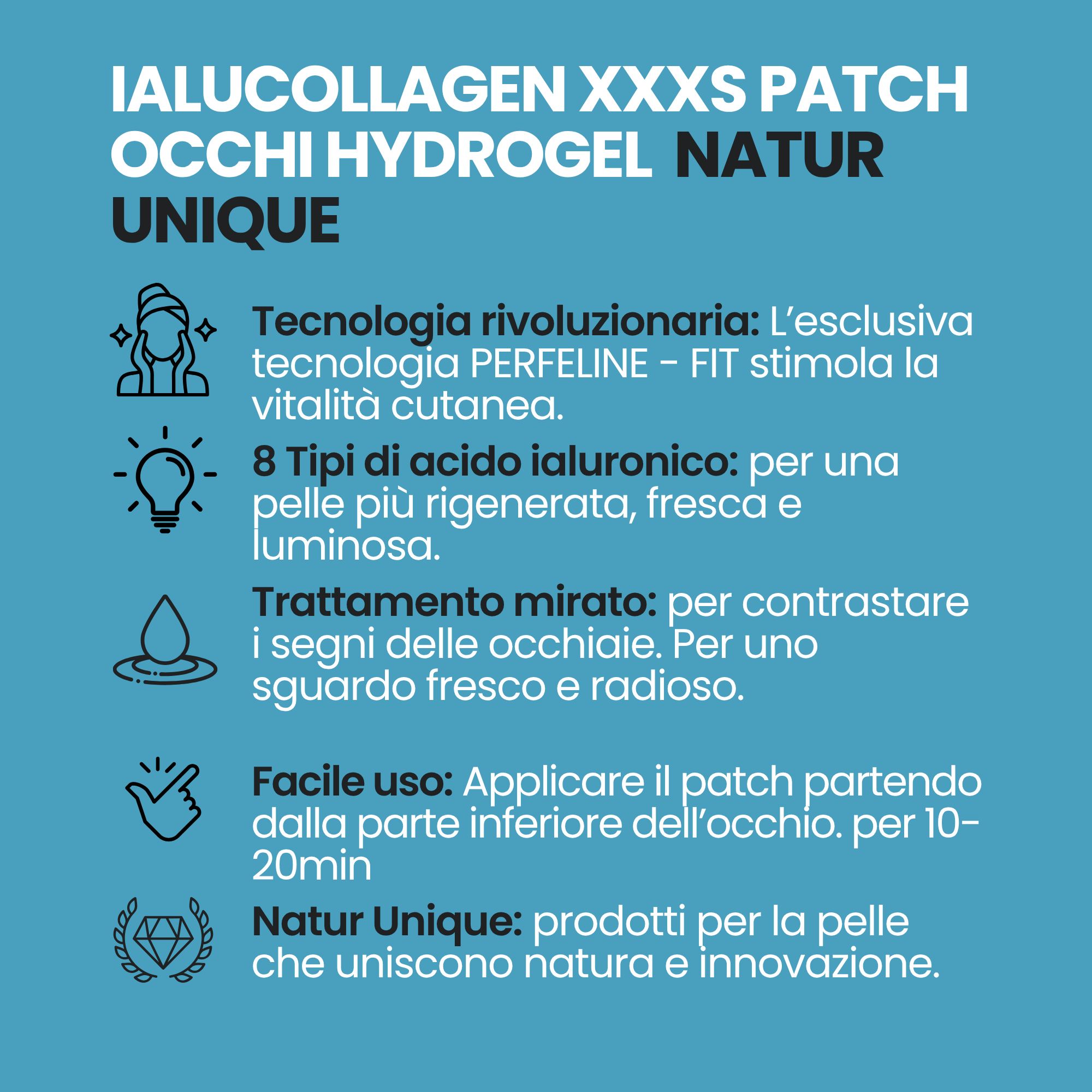 Informazioni sul prodotto patch idrogel per occhi: acido ialuronico, Camellia Japonica, facile applicazione.