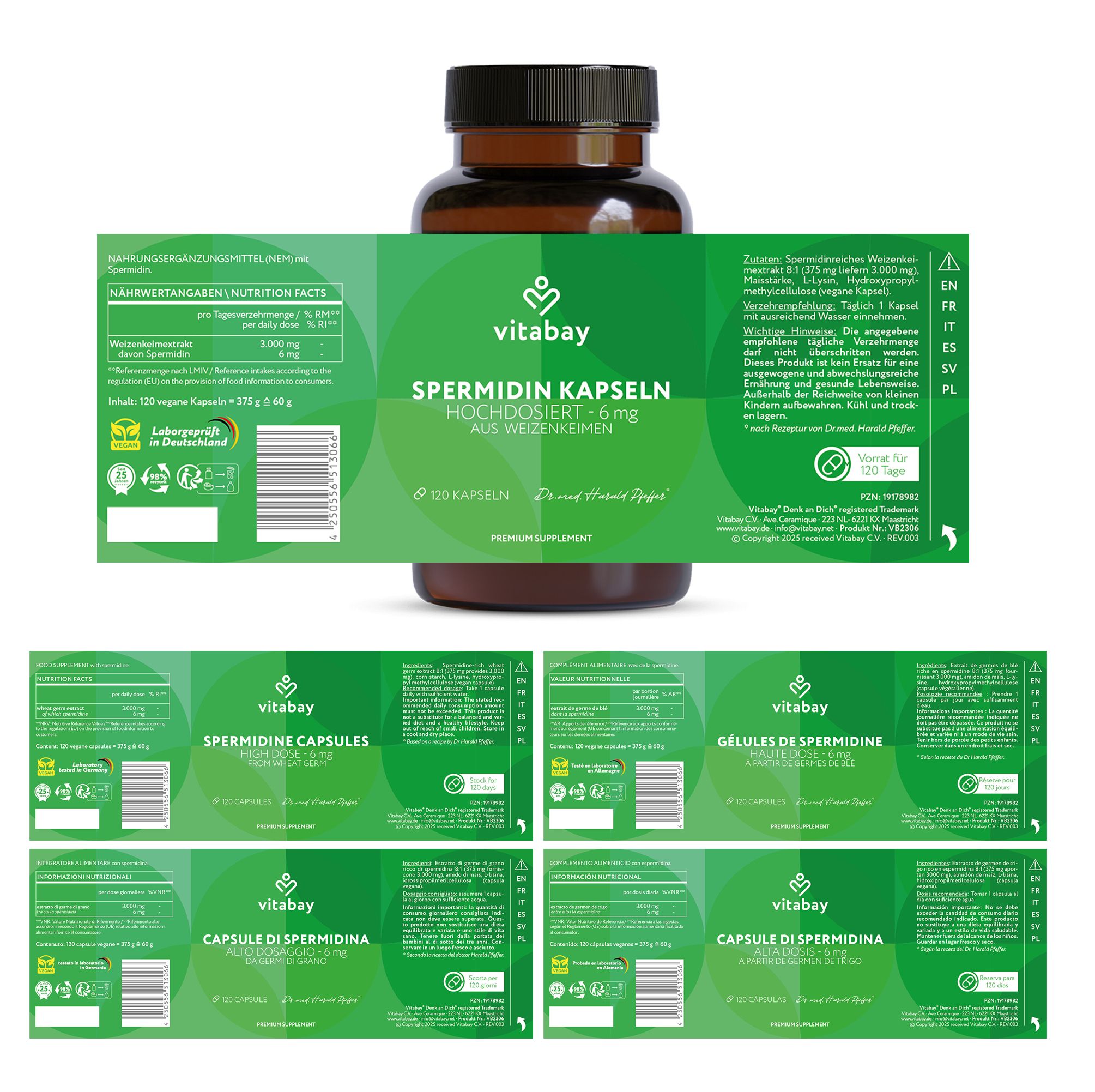 Flacone marrone con etichetta verde. Diverse etichette con informazioni. Marchio Vitabay.