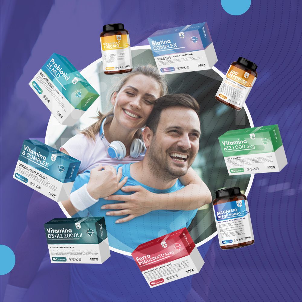 Diversi prodotti, tra cui Magnesio Bisglicinato. Donna e uomo si abbracciano. Diverse confezioni.