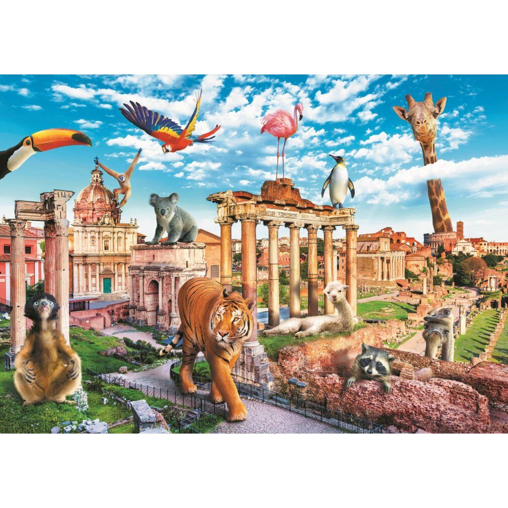 Puzzle con animali sullo sfondo di Roma. Animali: tigre, fenicottero, koala, pinguino, scimmia, lama, procione, giraffa, pappagallo, tucano.