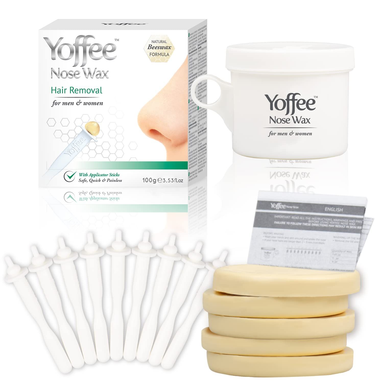 Confezione con kit per la rimozione dei peli del naso. Contiene cera, applicatori, istruzioni. Nome prodotto: Yoffee Nose Wax. Scritta: 100g/3.53oz.