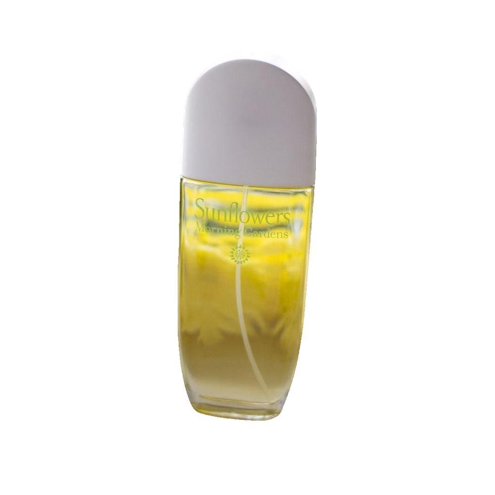 Flacone di vetro con liquido giallo. Scritta: Sunflowers, Elizabeth Arden. Tappo bianco.