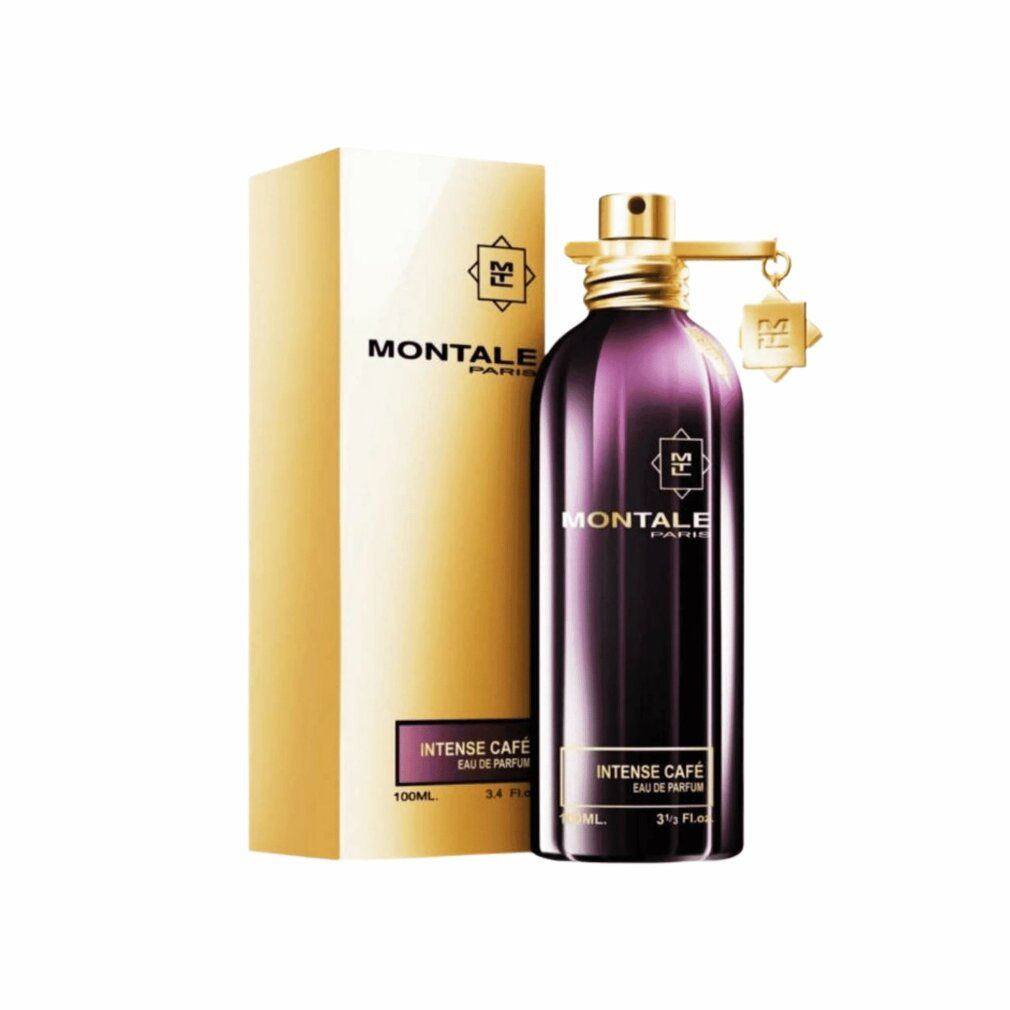 Flacone di profumo viola scuro, tappo dorato e scatola dorata. Scritta: Intense Cafe Eau de Parfum.