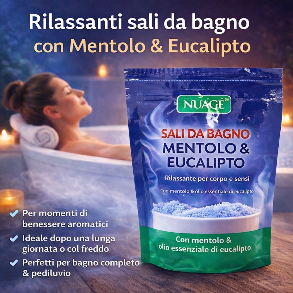 Confezione del prodotto Nuagé Sali da bagno Mentolo & Eucalipto. Donna in vasca da bagno. Confezione blu con nome del prodotto e ingredienti.