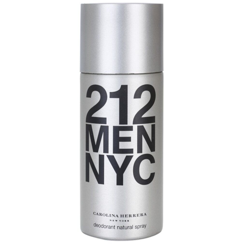 Spray deodorante 212 Men NYC di Carolina Herrera. Lattina argentata con scritta nera. Deodorant natural spray.